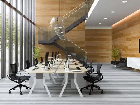 Interior modern open space office 3D illustration Stock Illustration