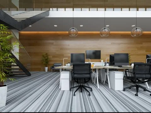 Interior modern open space office 3D illustration Stock Illustration