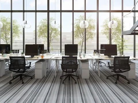 Interior modern open space office 3D illustration Stock Illustration