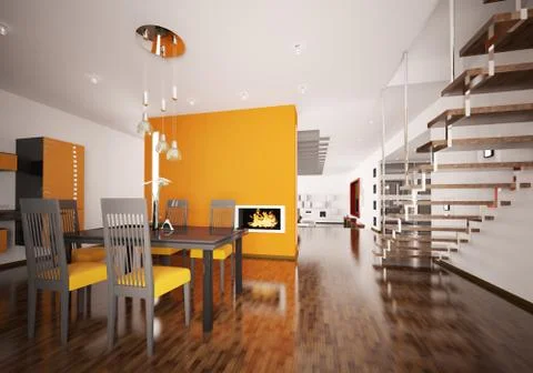 Interior of modern orange kitchen 3d render Stock Illustration