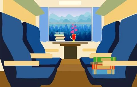 Interior of a modern passenger train inside. Nature landscape in window. Trav Illustrazione stock