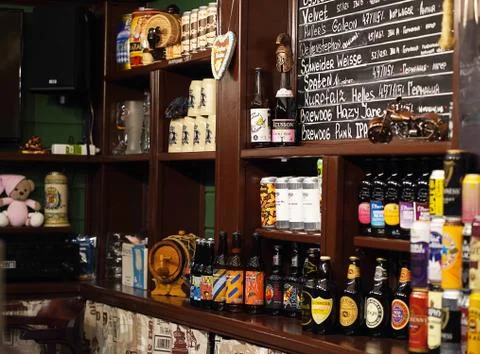 This is interior of modern pub for drinking and socializing, beer bar Stock Photos