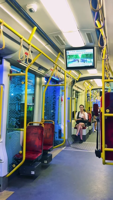 Interior of a modern public tram in Warsaw.  Stock Footage 345258174
