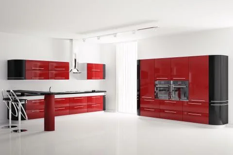 Interior of modern red black kitchen 3d Stock Illustration