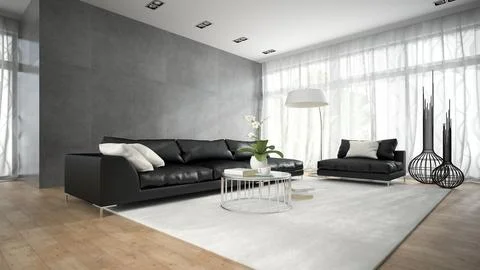 Interior of modern room with black couch 3D rendering 2 Stock Photos