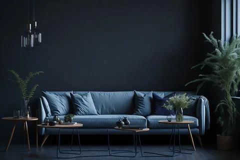 Interior of modern room with comfortable sofa and table with spring flowers Stock Photos