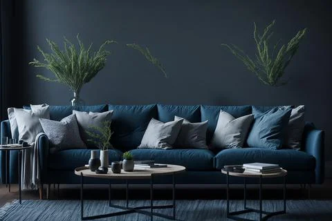 Interior of modern room with comfortable sofa and table with spring flowers Foto stock