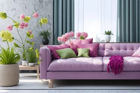 Interior of modern room with comfortable sofa and table with spring flowers Stock Photos