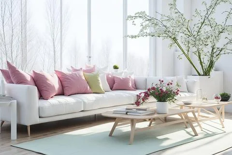 Interior of modern room with comfortable sofa and table with spring flowers Stock Photos