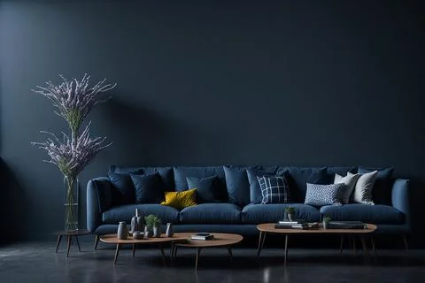 Interior of modern room with comfortable sofa and table with spring flowers Photos