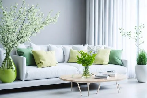 Interior of modern room with comfortable sofa and table with spring flowers Stock Photos