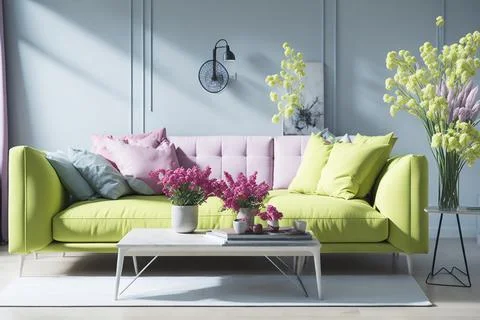 Interior of modern room with comfortable sofa and table with spring flowers Stock Photos