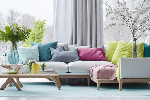 Interior of modern room with comfortable sofa and table with spring flowers Stock Photos