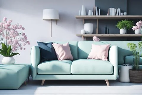 Interior of modern room with comfortable sofa and table with spring flowers Stock Photos