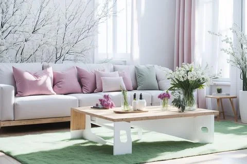 Interior of modern room with comfortable sofa and table with spring flowers Stock Photos