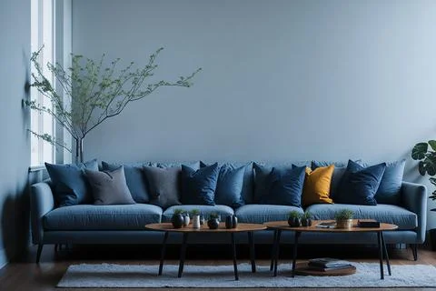 Interior of modern room with comfortable sofa and table with spring flowers Stock Photos
