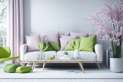 Interior of modern room with comfortable sofa and table with spring flowers Stock Photos