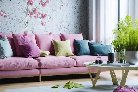 Interior of modern room with comfortable sofa and table with spring flowers Stock Photos