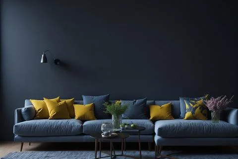 Interior of modern room with comfortable sofa and table with spring flowers Stock Photos