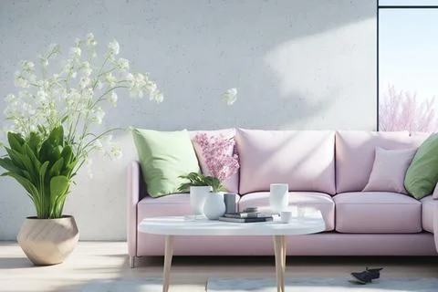 Interior of modern room with comfortable sofa and table with spring flowers Stock Photos
