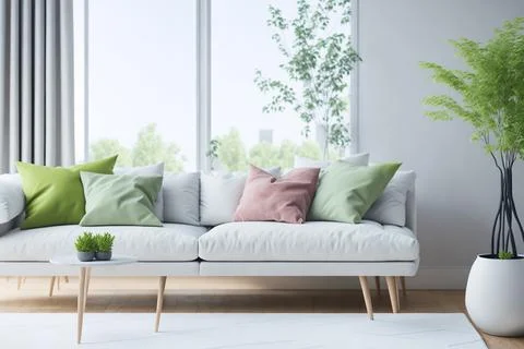 Interior of modern room with comfortable sofa and table with spring flowers Stock Photos