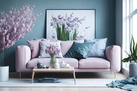 Interior of modern room with comfortable sofa and table with spring flowers Stock Photos