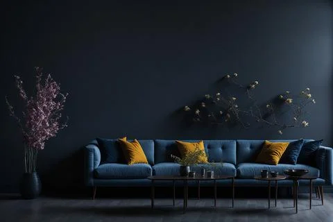 Interior of modern room with comfortable sofa and table with spring flowers Stock Photos