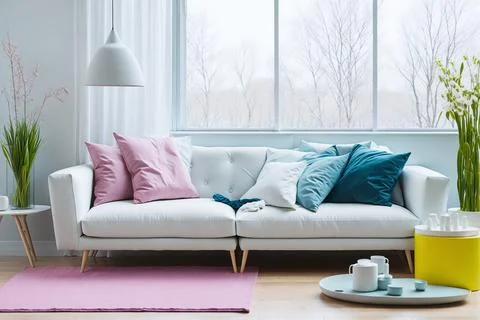 Interior of modern room with comfortable sofa and table with spring flowers Photos