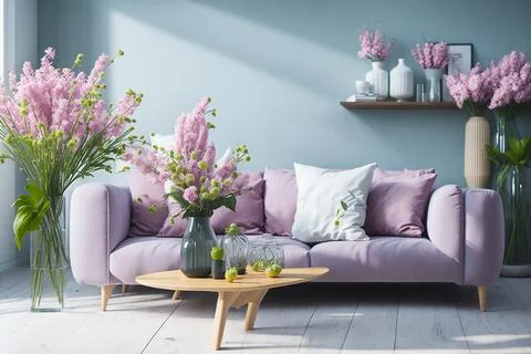 Interior of modern room with comfortable sofa and table with spring flowers Stock Photos