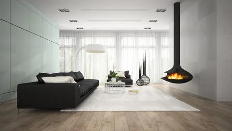 Interior of modern room with fireplace 3D rendering Stock Illustration