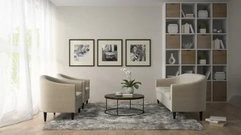 Interior of modern room  with three posters on the wall  3D rend Stock Illustration