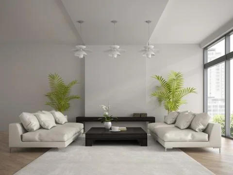 Interior of modern  room with two white sofas 3D rendering Stock Illustration