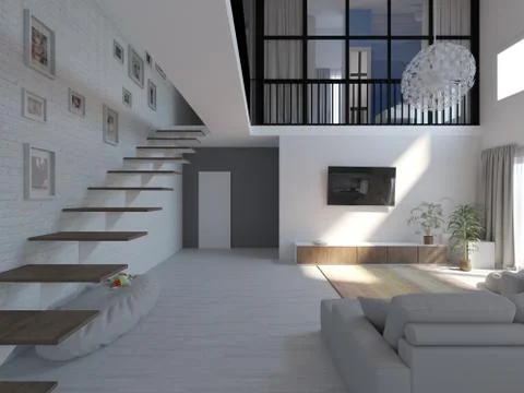 Interior of a modern two-level apartment in the Scandinavian style. spacious Stock Photos