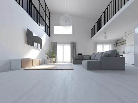 Interior of a modern two-level apartment in the Scandinavian style. spacious Stock Photos