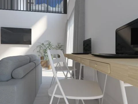 Interior of a modern two-level apartment in the Scandinavian style. workplaces Stock Photos