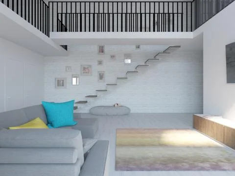 Interior of a modern two-level apartment in the Scandinavian style. spacious Stock Photos