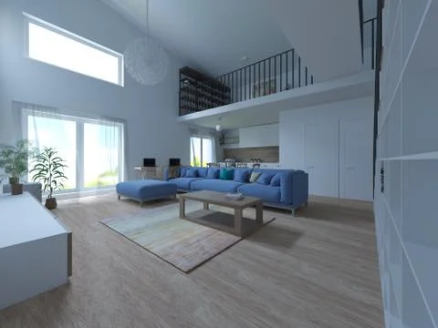 Interior of a modern two-level apartment in the Scandinavian style. spacious Stock Photos