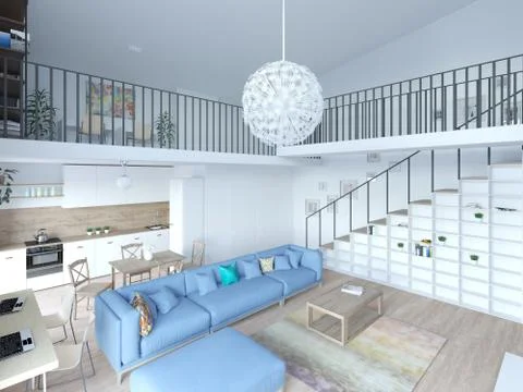 Interior of a modern two-level apartment in the Scandinavian style. spacious Stock Photos