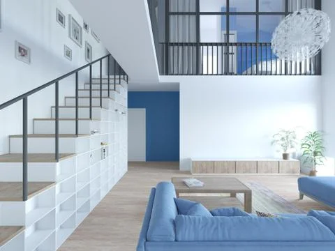 Interior of a modern two-level apartment in the Scandinavian style. spacious Stock Photos