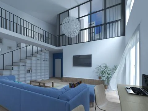 Interior of a modern two-level apartment in the Scandinavian style. spacious Stock Photos