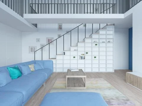 Interior of a modern two-level apartment in the Scandinavian style. spacious Stock Photos