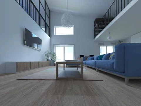 Interior of a modern two-level apartment in the Scandinavian style. spacious Stock Photos