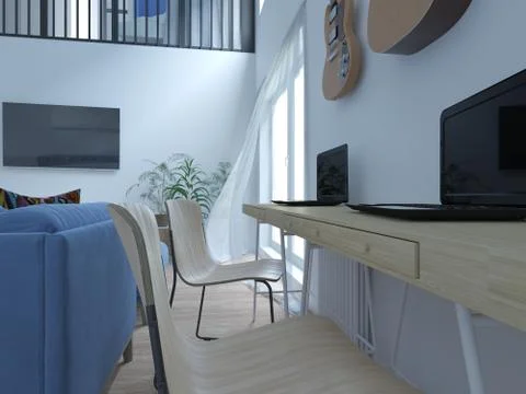 Interior of a modern two-level apartment in the Scandinavian style. spacious Stock Photos