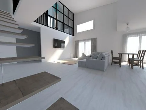 Interior of a modern two-level apartment in the Scandinavian style. spacious Stock Photos