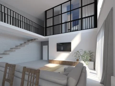 Interior of a modern two-level apartment in the Scandinavian style. spacious Stock Photos