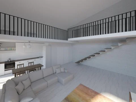 Interior of a modern two-level apartment in the Scandinavian style. spacious Stock Photos
