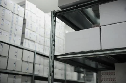 Interior of modern warehouse, many boxes Stock Photos