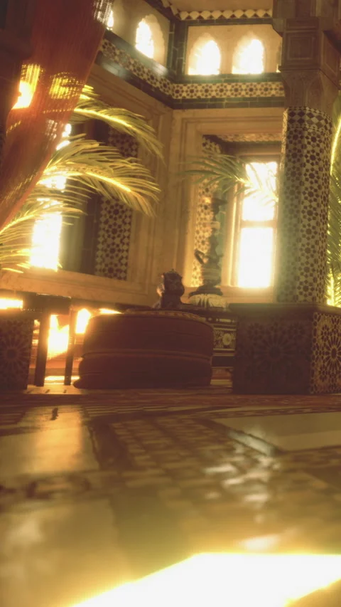 Interior of a Moroccan room with light shining through a window Stock Footage 331768766
