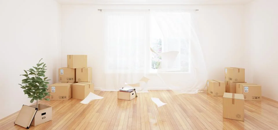 Interior with moving boxes in empty white room Stock Illustration