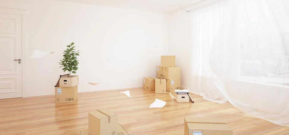Interior with moving boxes in empty white room Stock Photos